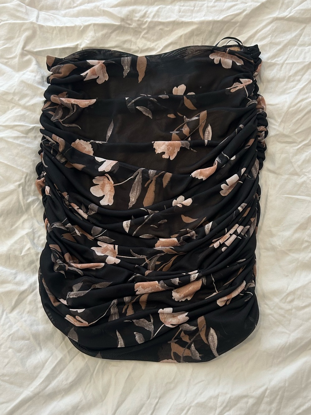 Floral Ruched Black tube top with Neutral Bloom Print
